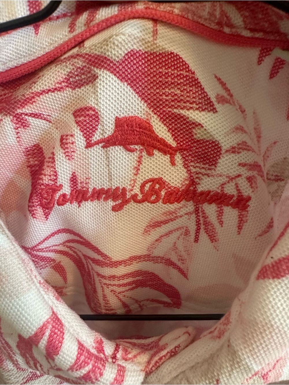 Tommy Bahama White and Coral Pink Tropical Polo